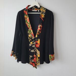 Soft Surroundings Womens Black Floral Trim Asian 1-Button Kimono Jacket siae M